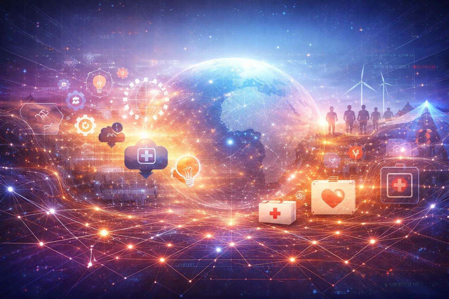 Abstract visualization of AI workflows and nonprofit impact signals